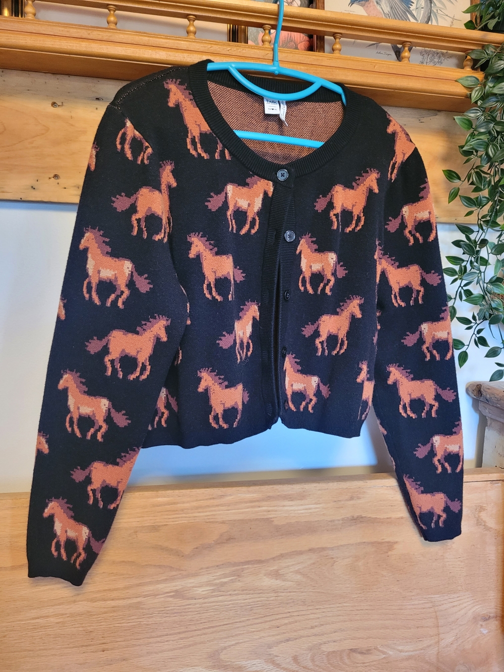 Simons Black Crop Cardigan with Rust Horse Motif
